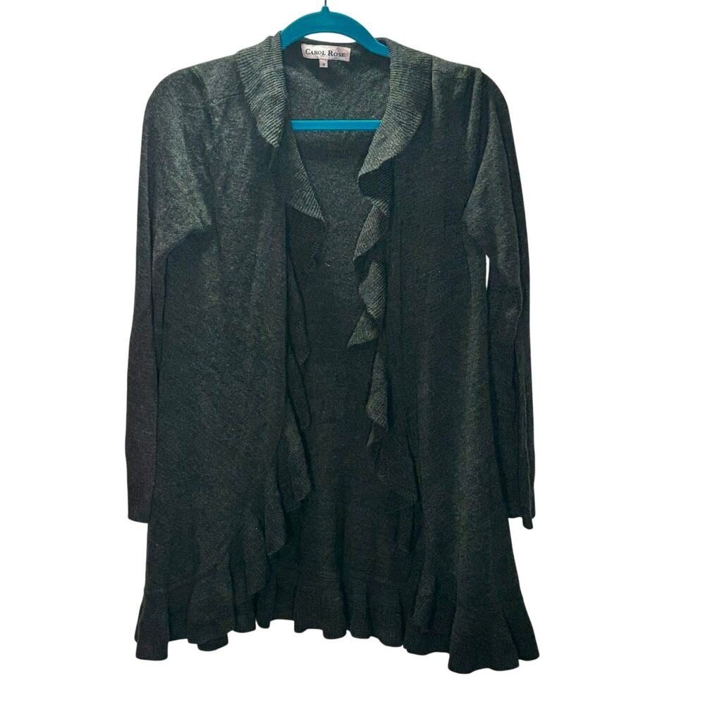 Carol Rose Gray Ruffle Cardigan | Women’s M | Soft Knit Wool Blend Open Front